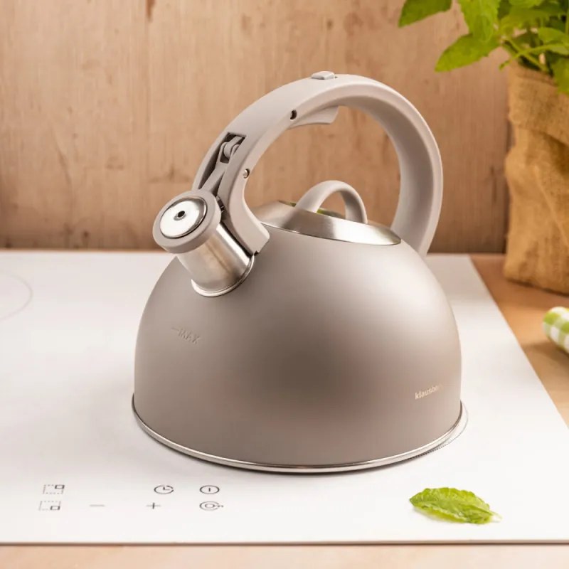 Ceainic cu fluier Klausberg KB-7912, 2.5 l, Maner cu efect de lemn, Inductie, Gri deschis