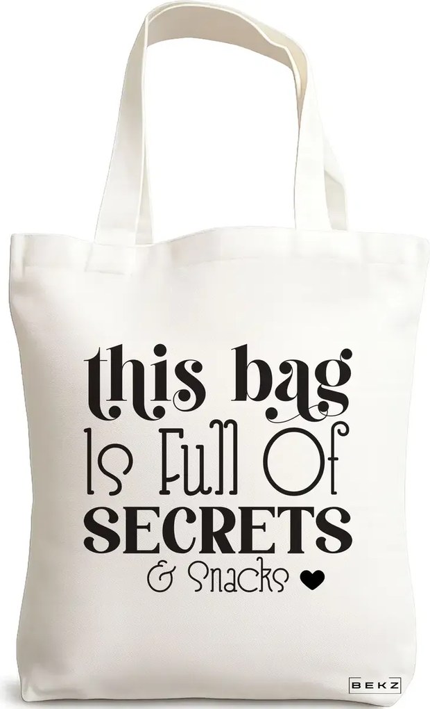 Sacosa de Panza pentru Cumparaturi, Geanta Tote, model Full of secrects and snacks 2, 38x34.5 cm, Alba, BEKZ®