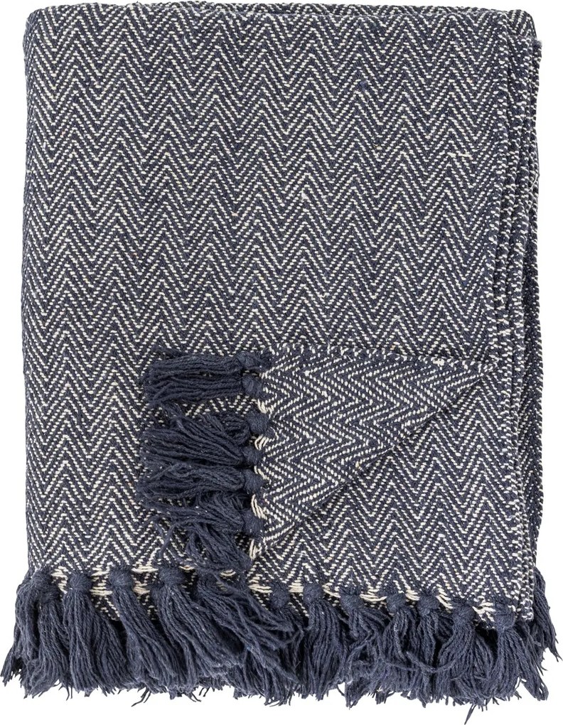 Patura din bumbac reciclat, albastru, model în spic în tonuri natur, franjuri decorative, finisaj țesut, 160 x 130 cm, „Herringbone”