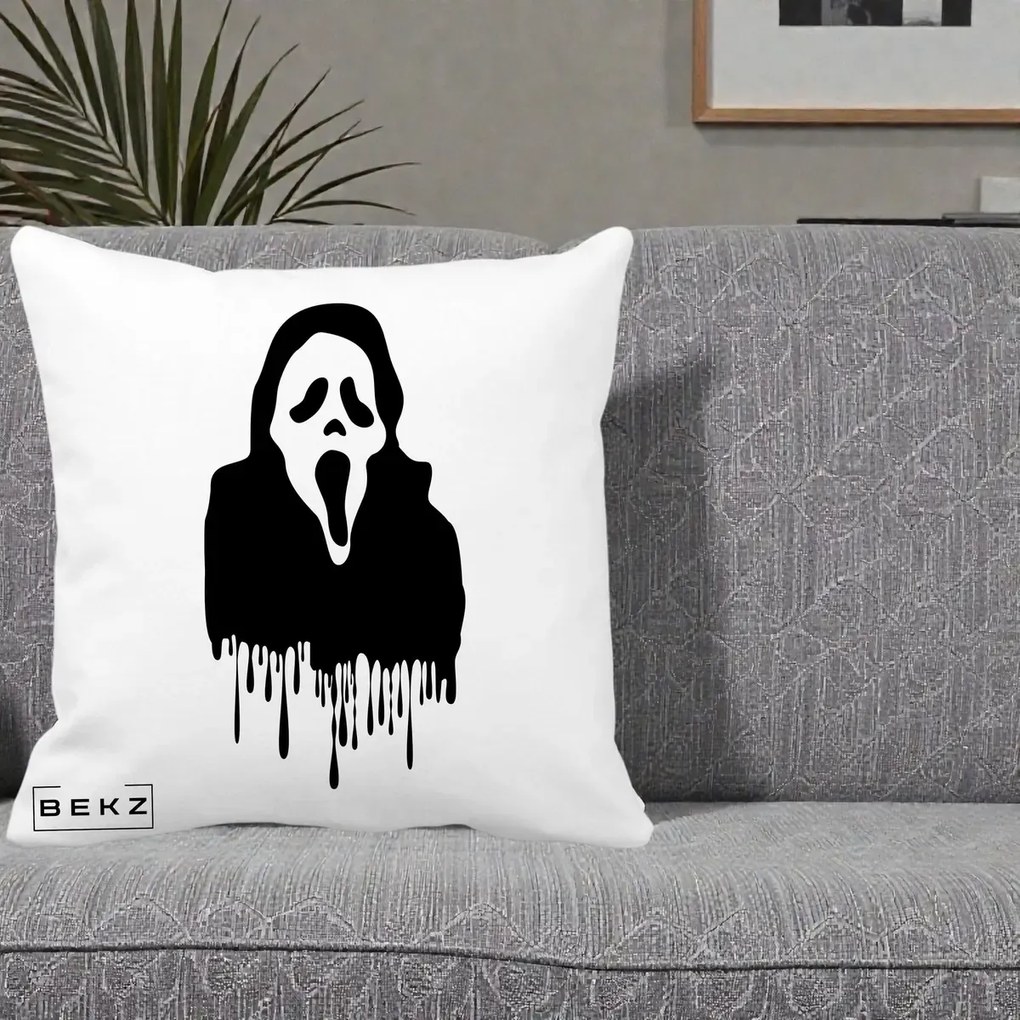 Perna Personalizata Halloween Ghostface Scream Picurand, 40x40 cm, Alba Mata, Husa Detasabila, Perna Inclusa, BEKZ®