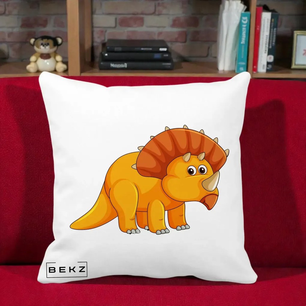Perna Decorativa Triceratops Portocaliu, 40x40 cm, Alba Mata, Husa Detasabila, Perna Inclusa, BEKZ®