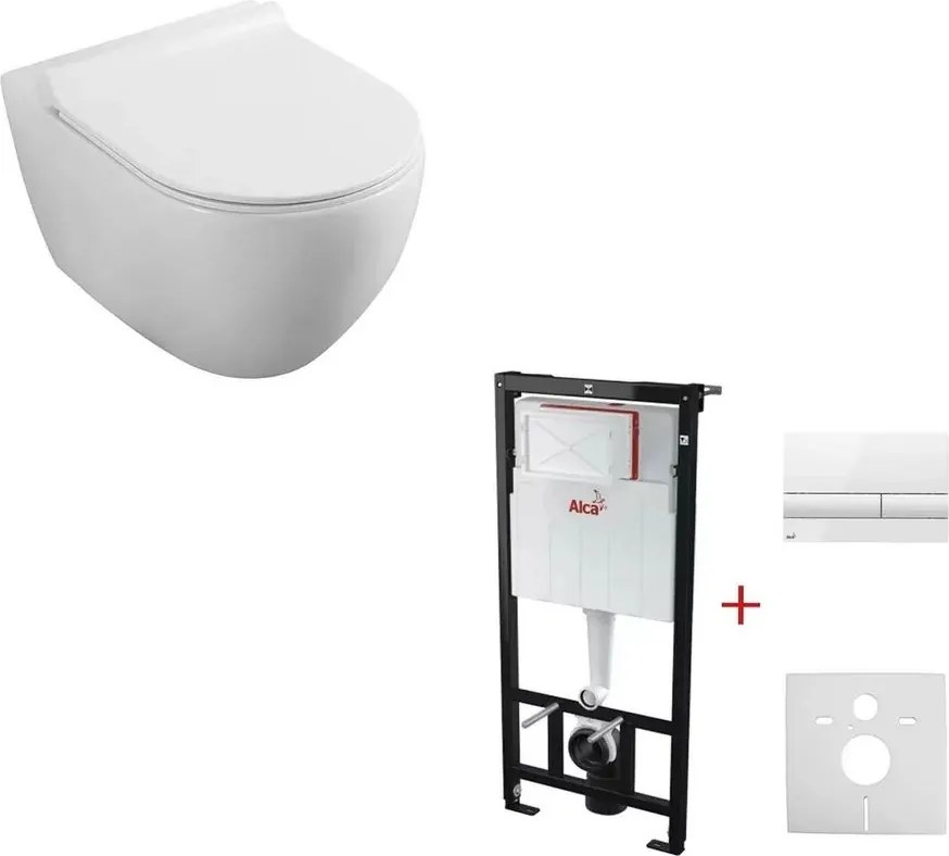 Set rezervor incastrat Alcadrain cu clapeta si vas wc suspendat Fluminia Minerva cu capac softclose