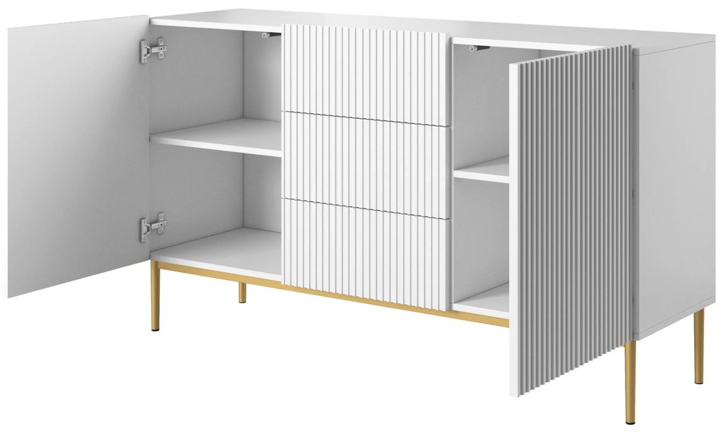 Comodă Nicole 150 cm cu sertare și fațadă canelată - alb mat / picioare aurii