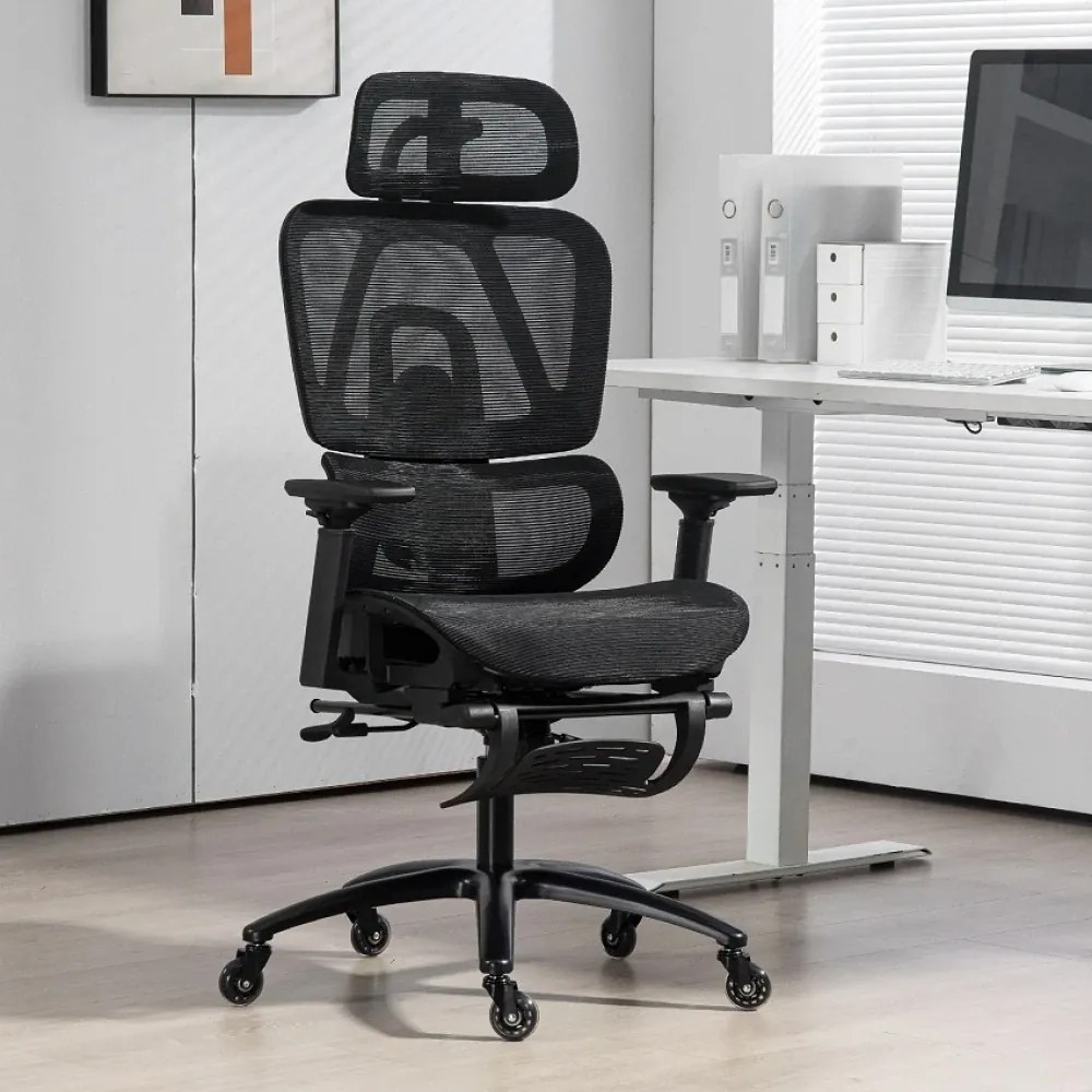 RESIGILAT- METACHAIR PRO Scaun ergonomic, sezut translatie, cotiere 3D, suport picioare, roti silicon, Full Mesh, Negru