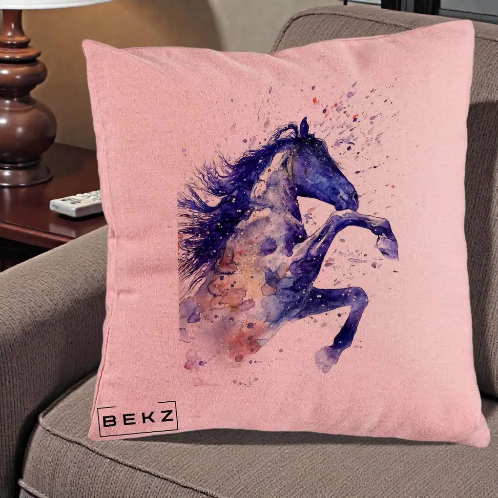 Perna Decorativa Cal Albastru Acuarela, 40x40 cm, Roz, Husa Detasabila, Perna Inclusa, BEKZ®