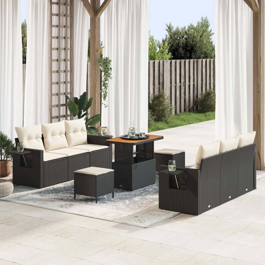 vidaXL Set de canapea pentru grădină cu 9 piese și perne, din ratan negru, acacia
