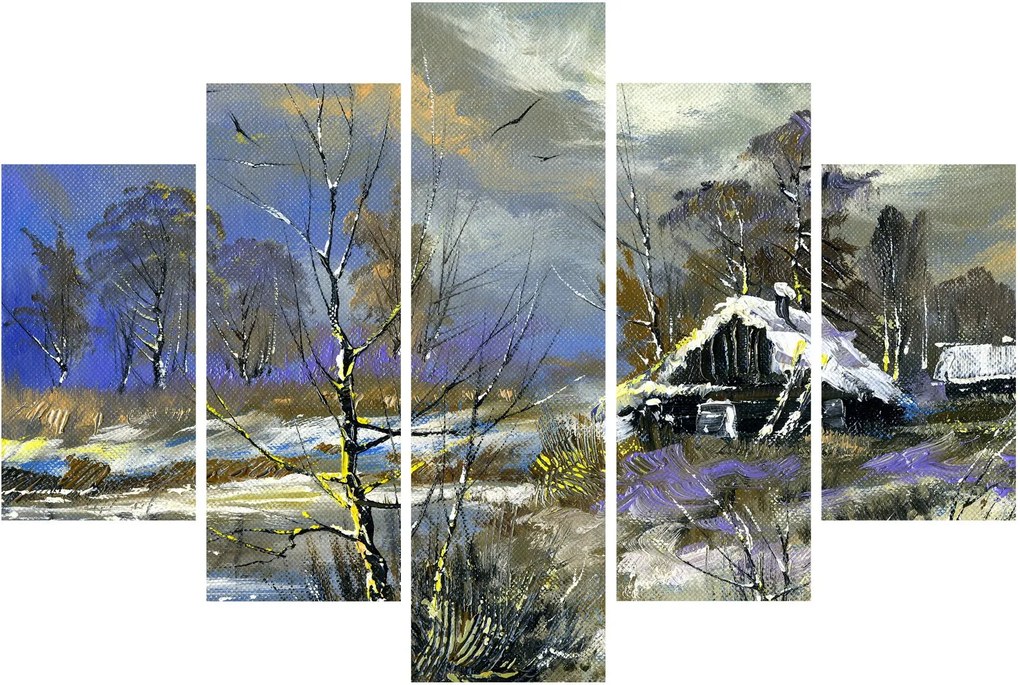 Tablou -Cabane într-un peisaj de iarnă, pictură în ulei (150x105 cm)