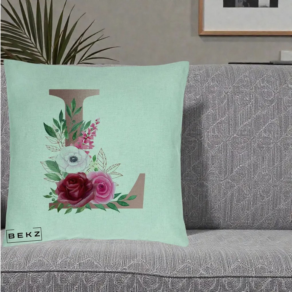 Cadou Personalizat - Perna Personalizata Monograma Rose Gold Litera L, 40x40 cm, Verde Menta, Husa Detasabila, Perna Inclusa, BEKZ®