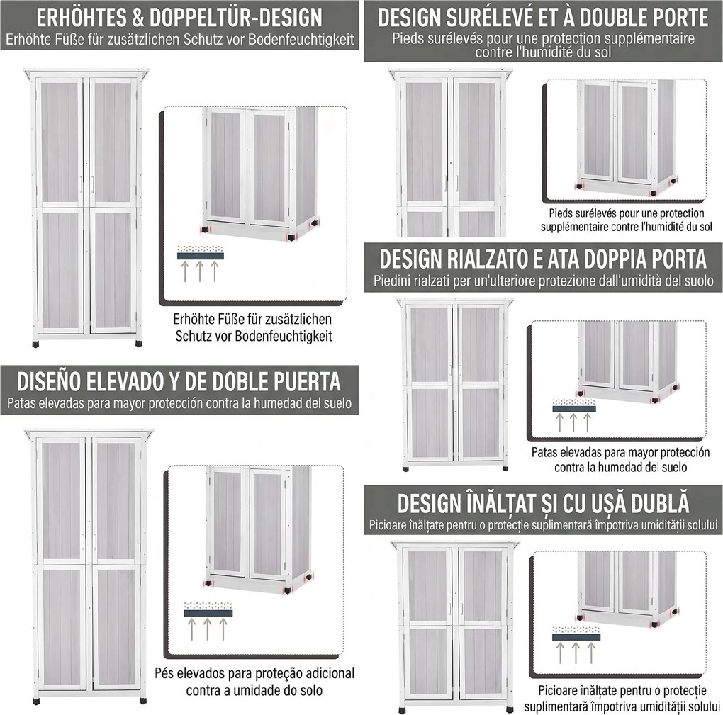 Outsunny Magazie Unelte Lemn Brad 3 Niveluri, Acoperiș Bitum Impermeabil, Cu Cârlige, 77x58x175cm, Gri | Aosom Romania