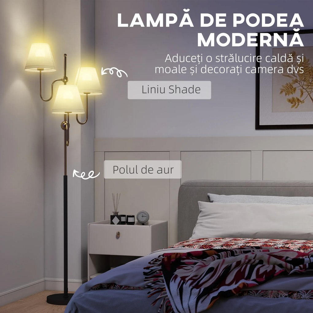 HOMCOM Lampadar de Podea cu 3 Puncte de Lumină și Întrerupător cu Pedală, Soclu E27, Auriu | Aosom Romania