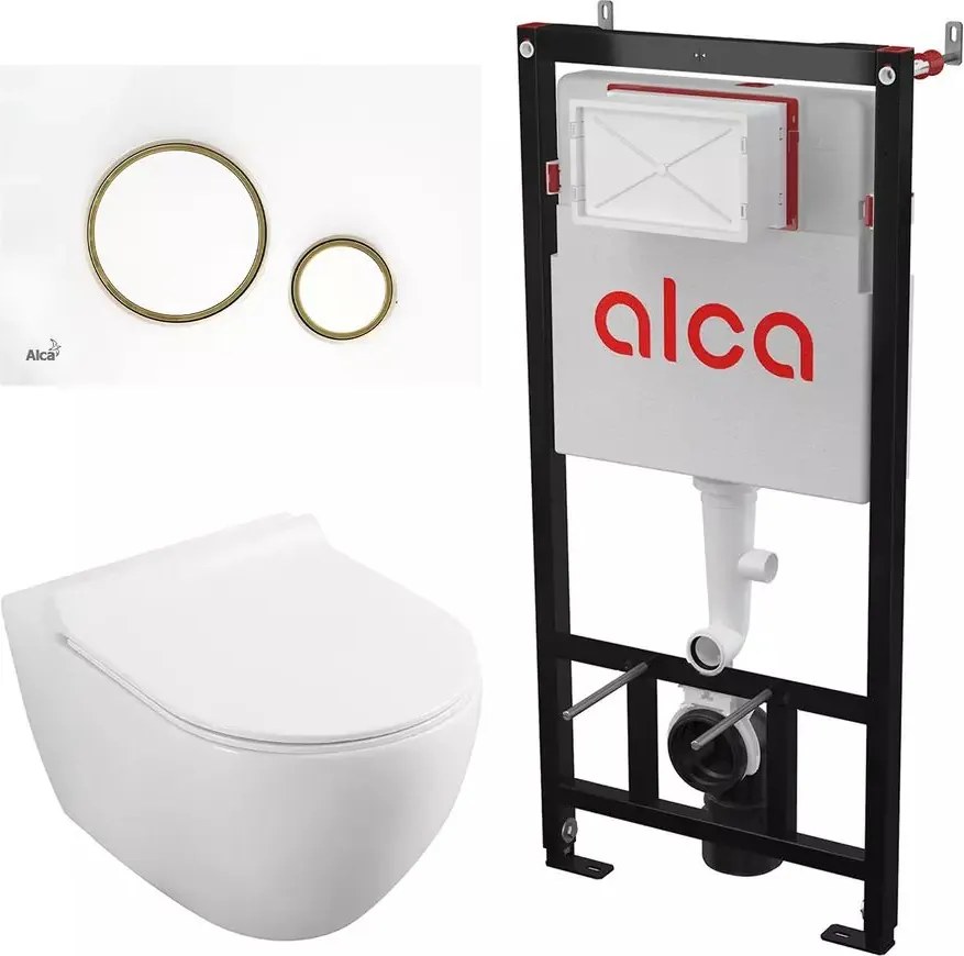 Set rezervor WC cu cadru incastrat Alca AM101/1120 si clapeta M775 alb plus vas WC Fluminia Minerva cu capac softclose alb