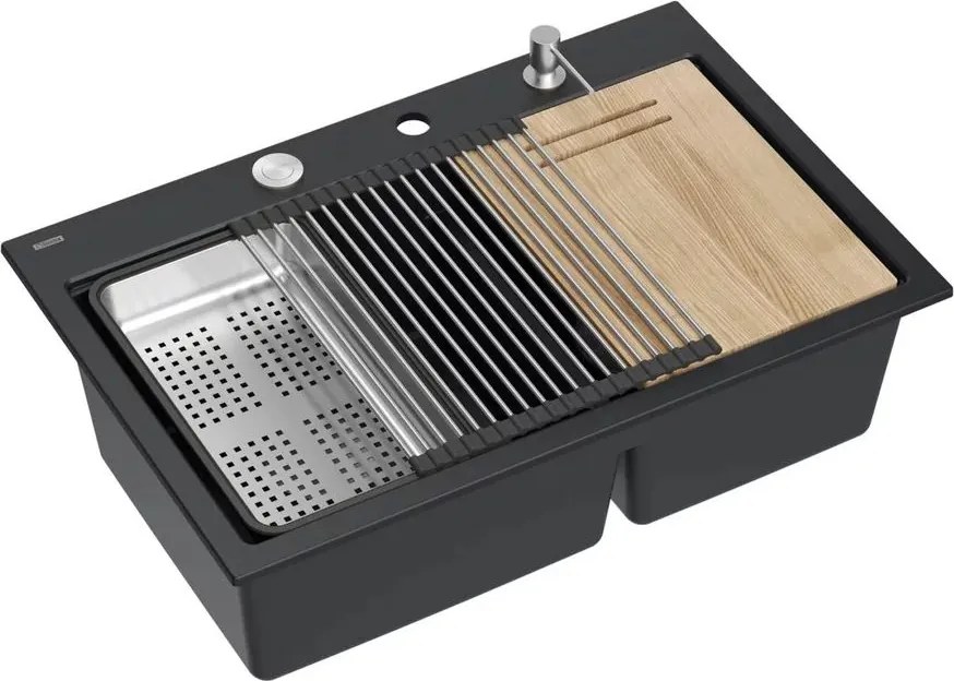 Statie de lucru incastrata Quadron Unique Marc 120 negru carbon - inox 2 cuve 76x50 cm