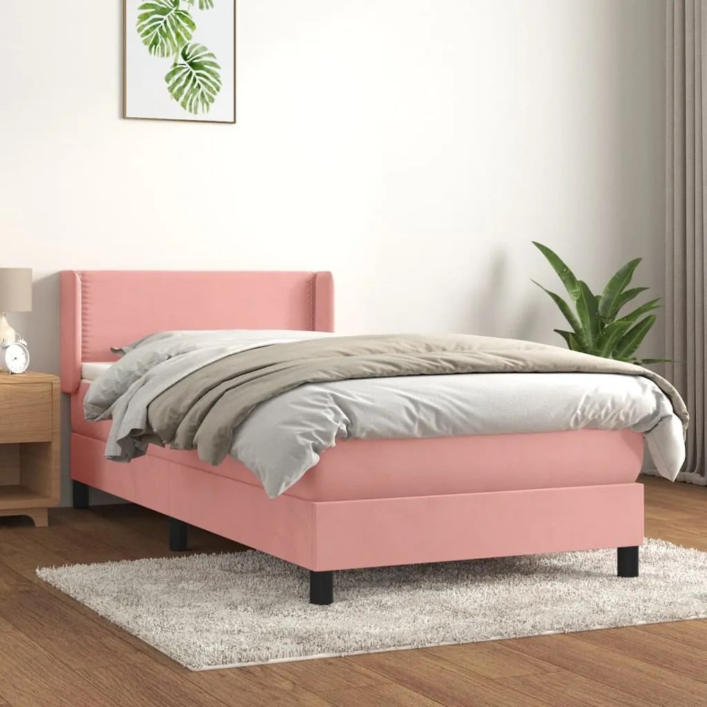 3130888 vidaXL Pat box spring cu saltea, roz, 100x200 cm, catifea