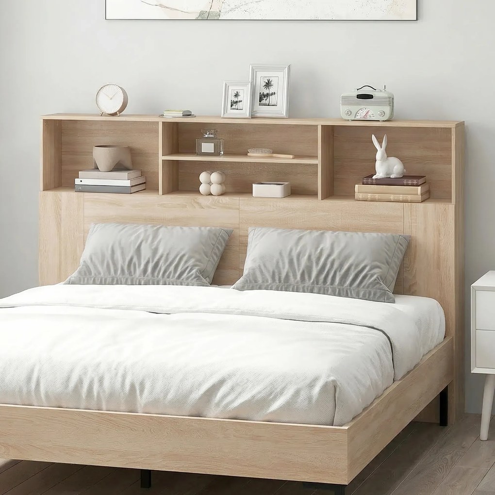 HOMCOM Tăblie independentă cu spații de depozitare, accesoriu de pat 4 compartimente deschise, 160 x 20,2 x 108,2 cm, lemn natural | Aosom Romania