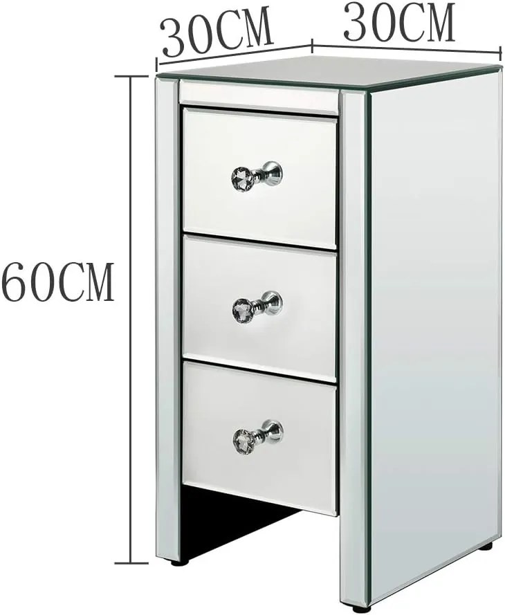 NOOG104 - Se 2 Noptiere 30x30x60 cm, cu 3 sertare, dormitor - Oglinda - Argintiu