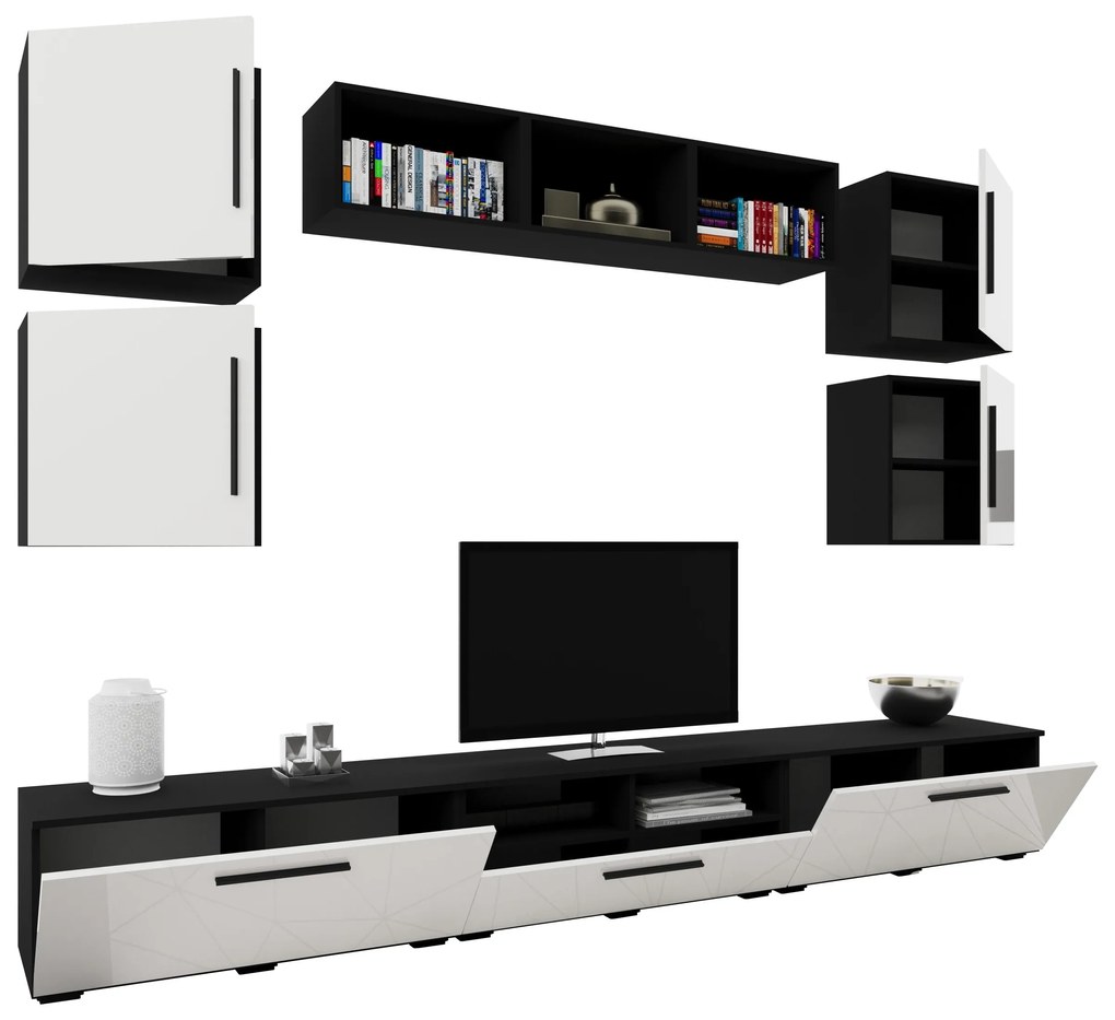 Living Kos V3, Negru/Alb Lucios, MDF, L 285 cm