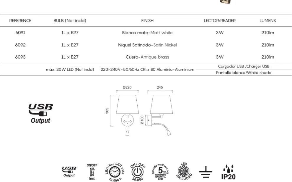 Aplica de perete cu reader LED CAICOS nickel satinat
