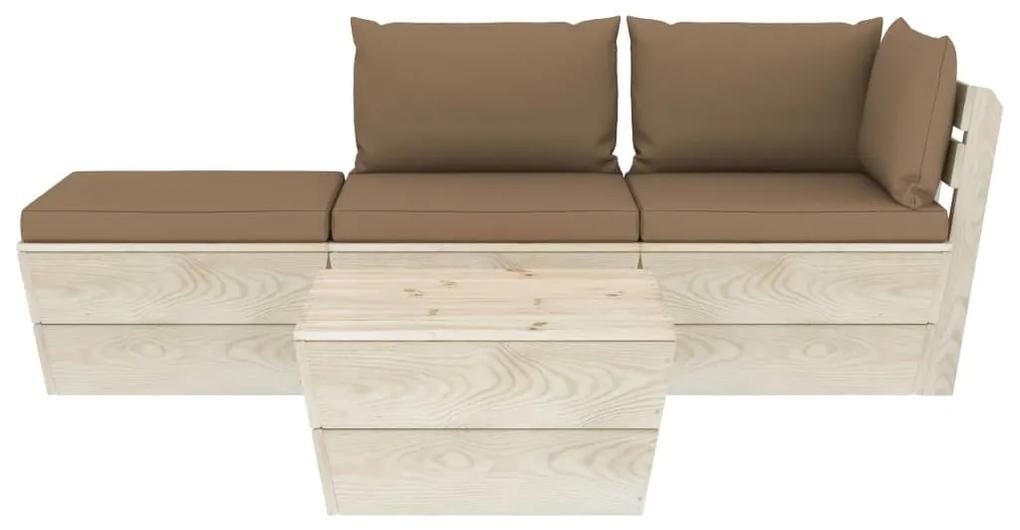 Set mobilier gradina din paleti, cu perne, 4 piese, lemn molid Gri taupe, colt + mijloc + suport pentru picioare + masa, 1