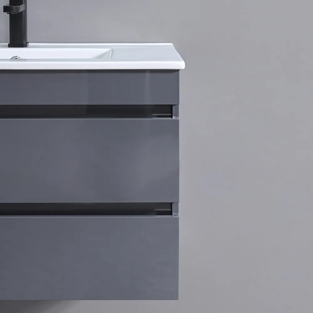 Mobilier de baie Cube, chiuvetă ceramică 80 cm, oglindă cu 2 sertare, 60x80 cm, gri antracit