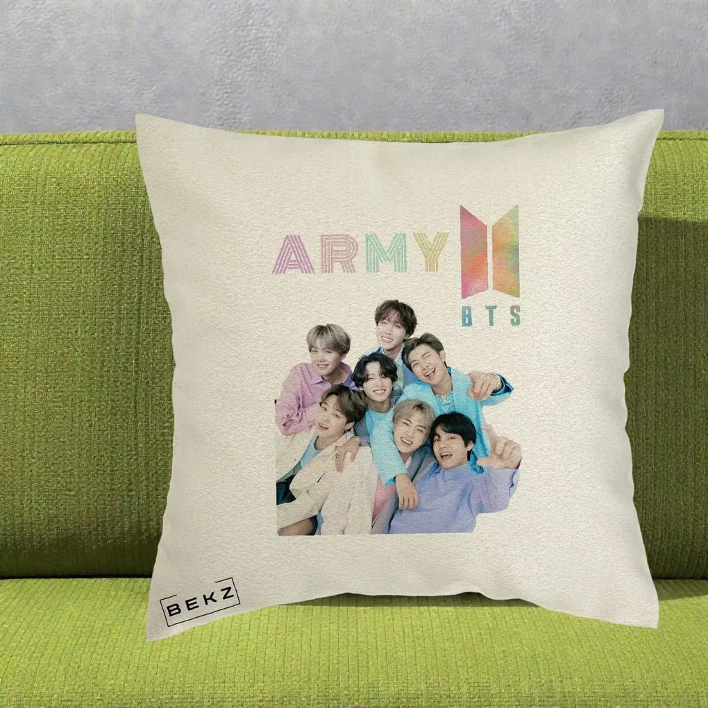 Perna Personalizata K-pop BTS ARMY Fotografie Grup Veseli, 40x40 cm, Ecru, Husa Detasabila, Perna Inclusa, BEKZ®