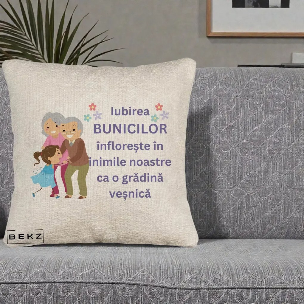 Perna personalizata bunici: Iubirea bunicilor, cu nepoata, text mov, 40x40 cm cu Umplutura, Bej Canapea, BEKZ