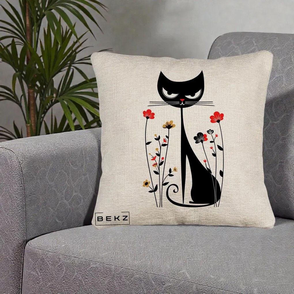 Perna Decorativa Pisica Neagra Grafica Flori Rosii, 40x40 cm, Bej Canapea, Husa Detasabila, Perna Inclusa, BEKZ®