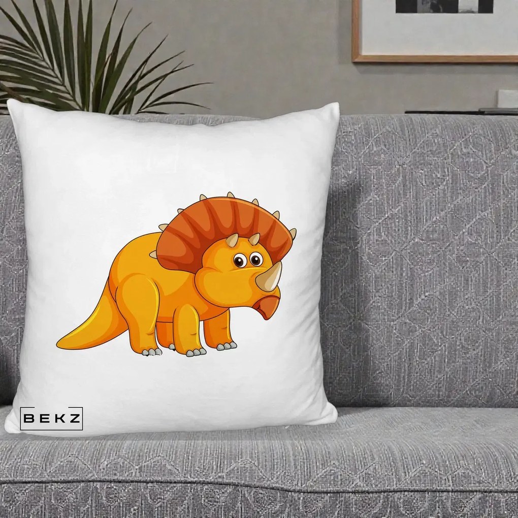 Perna Decorativa Triceratops Portocaliu, 40x40 cm, Alb Pufos, Husa Detasabila, Perna Inclusa, BEKZ®