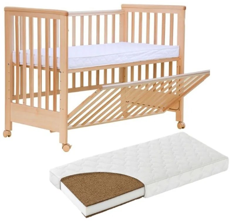 Patut co-sleeping 120x60 cu laterala culisanta total si roti Treppy Dreamy Plus, integral din lemn masiv fag, reglabil pe 5 nivele, include sistem de ancorare, certificat TUV, EN716-1, EN716-2, culoare natur + saltea cocos 12 cm lux