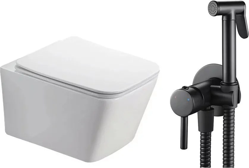 Pachet vas wc suspendat Fluminia Paris, capac softclose si set dus igiena intima negru cu baterie incastrata Rea Loop
