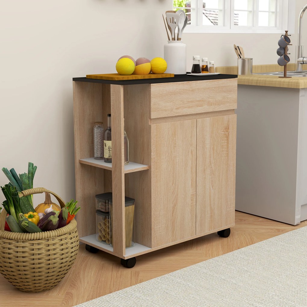 HOMCOM Dulapior de Bucătărie cu Sertare și Roți, Mobilier din Lemn, 78x39.5x88.5 cm, Stejar &amp; Negru | Aosom Romania