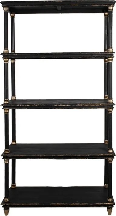 Bibliotecă vintage din lemn masiv, negru, cu 4 rafturi deschise și coloane strunjite cu inele aurii, 210 x 110 x 40 cm, „Noire”