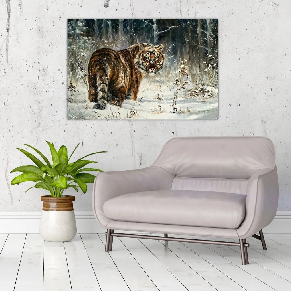 Tablou - Tigru într-o pădure înzăpezită, pictură în ulei (90x60 cm)