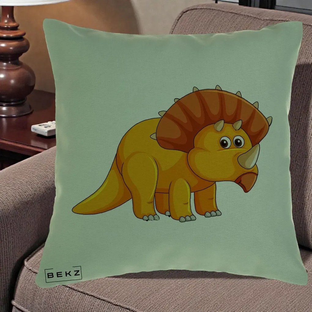 Perna Decorativa Triceratops Portocaliu, 40x40 cm, Verde, Husa Detasabila, Perna Inclusa, BEKZ®