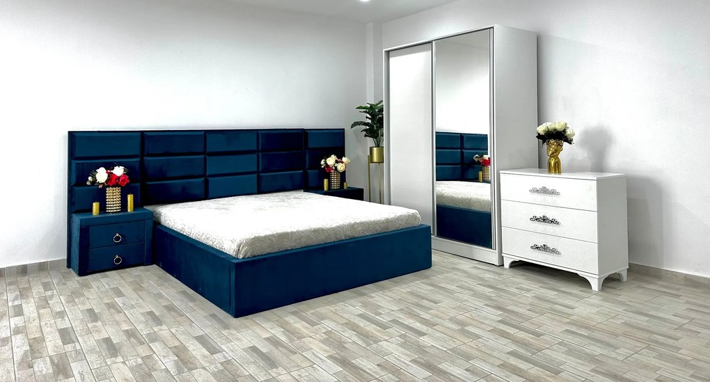 Dormitor complet Roma, culoare albastru / alb, cu pat Roma 160 x 200 cm, dressing Erika, 2 noptiere Roma si comoda Viena