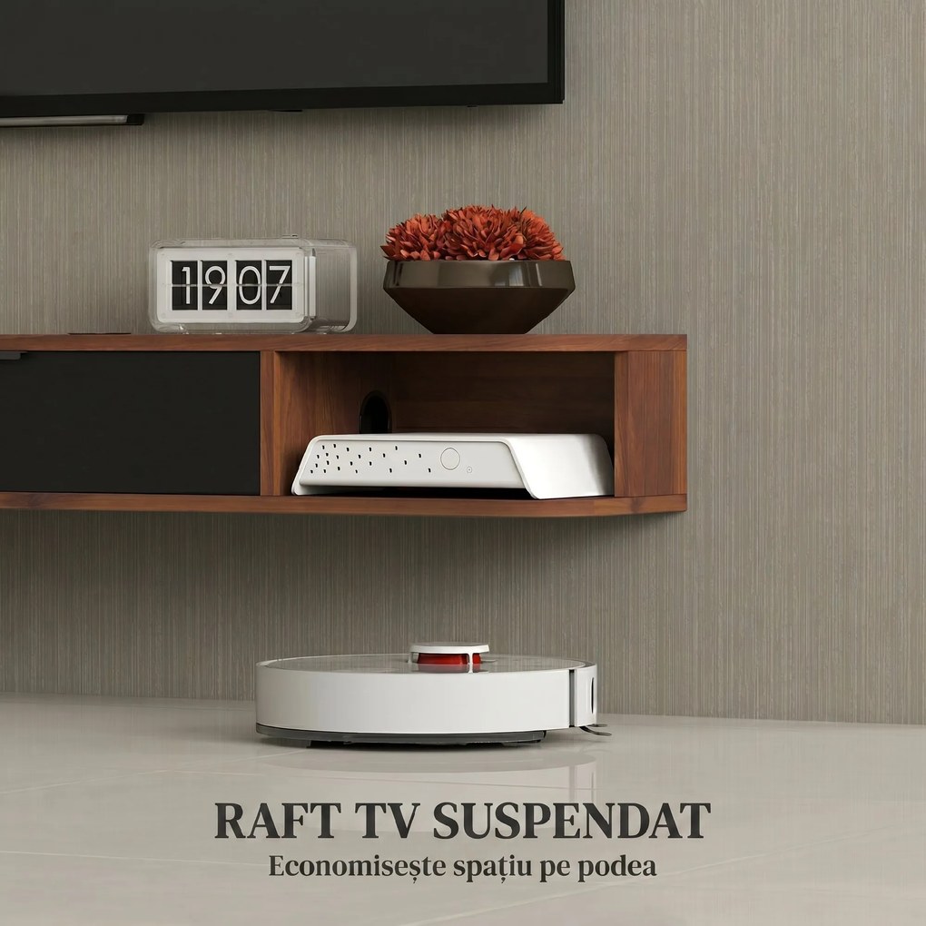 HOMCOM Mobilier TV Suspendat, Suport TV Până la 50" cu Sertar Rabatabil, 2 Rafturi Deschise și Orificiu pentru Cabluri, Mobilier pentru Televizor pentru Sufragerie, Dormitor și Sală de Stat, 120x24x16 cm, Nuc | Aosom Romania