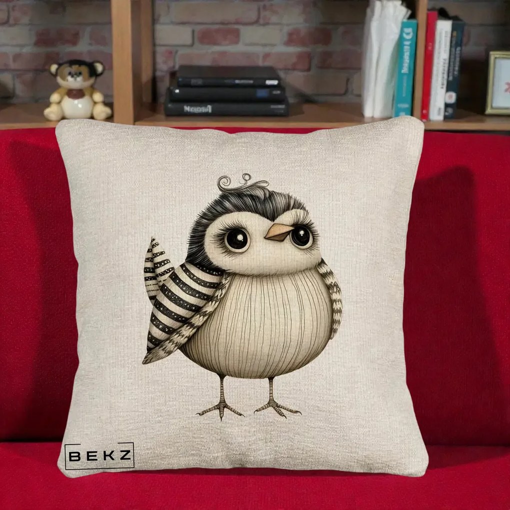 Perna Decorativa Pui Elegant Alb-Negru, 40x40 cm, Bej Canapea, Husa Detasabila, Perna Inclusa, BEKZ®