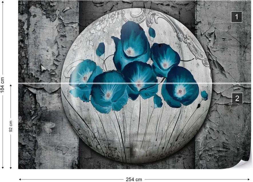 GLIX Fototapet - Vintage Flowers Blue Grey Vliesová tapeta  - 254x184 cm