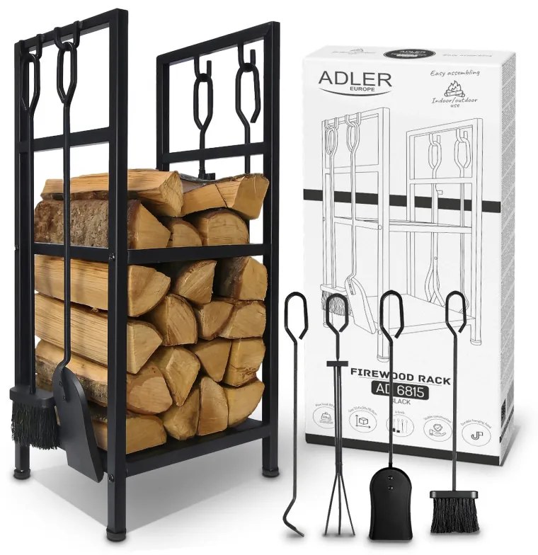 Suport pentru lemne de foc cu unelte Adler AD 6815, Pana la 80 kg, Douа rafturi, Constructie din otel, Negru