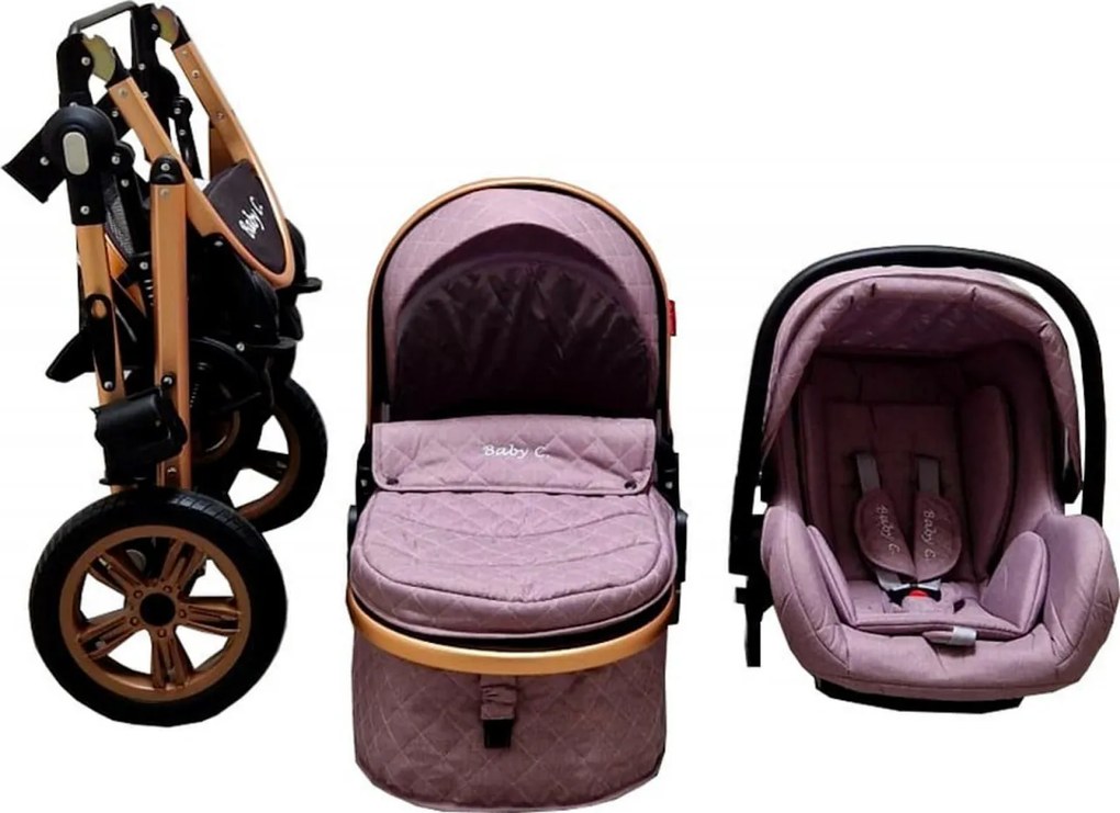Carucior nou nascuti 3 in 1 Baby Care™ PRO 530, Cu geanta bebe, Cadru Aluminiu , Amortizoare, Roti din cauciuc plin AVE, Landou, Scoica auto, Spatar