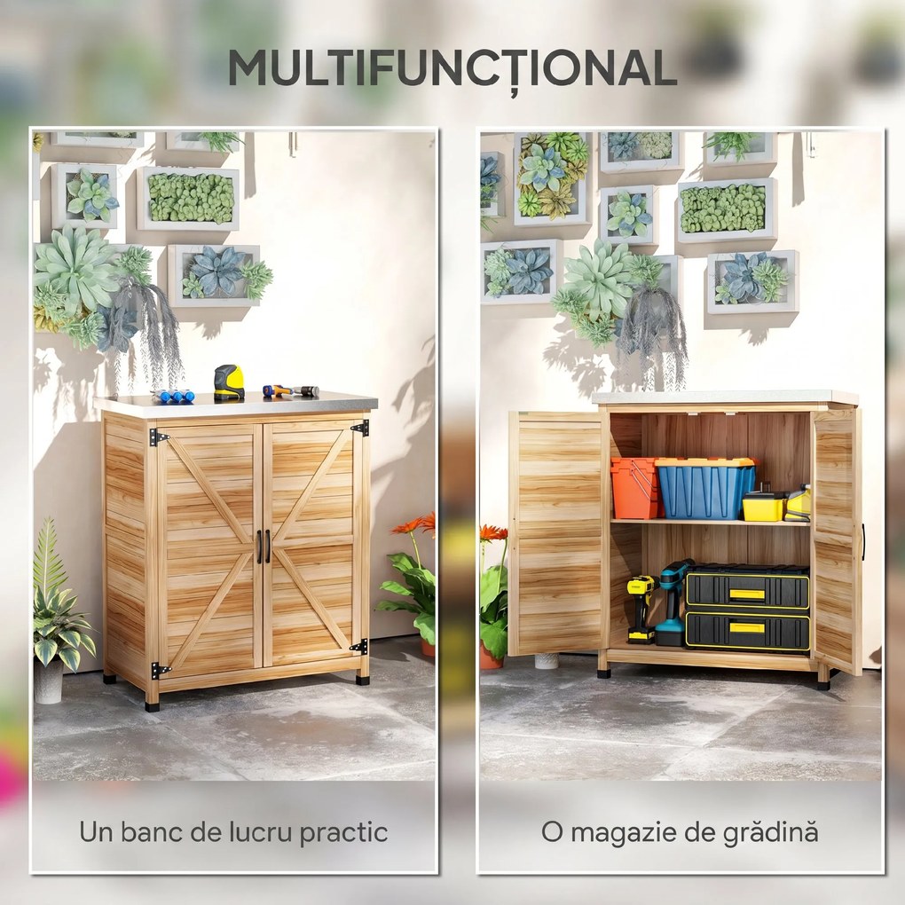 Outsunny Dulap de Exterior cu Raft și Bancă de Lucru Superioară, 79x43x92 cm, Lemn Natural | Aosom Romania