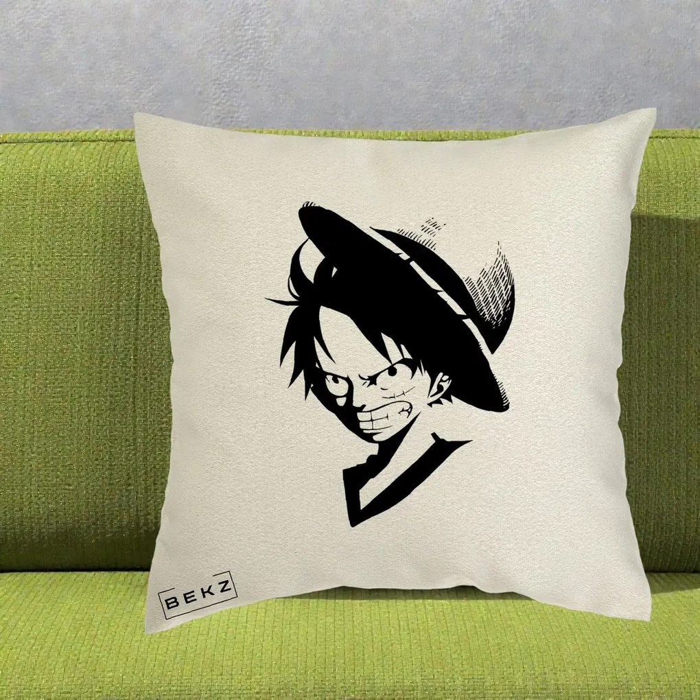 Perna Personalizata One Piece Luffy Silueta Alb-Negru, 40x40 cm, Ecru, Husa Detasabila, Perna Inclusa, BEKZ®