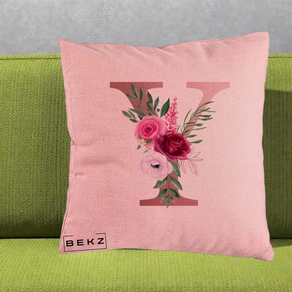 Cadou Personalizat - Perna Personalizata Monograma Rose Gold Litera Y, 40x40 cm, Roz, Husa Detasabila, Perna Inclusa, BEKZ®