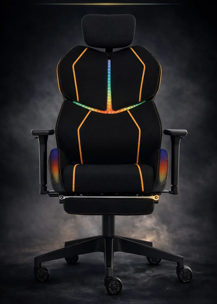 LUMINA X-Motion Pro – Scaun Gaming & Office Premium cu LED RGB și Suport pentru Picioare – Confort Inteligent și Design Spectaculos, Textil, Negru/Galben
