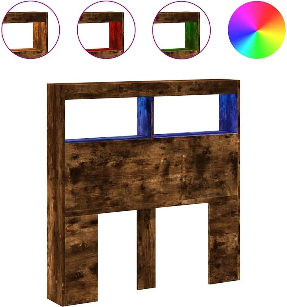 vidaXL Tăblie de pat cu dulap și LED, stejar fumuriu, 100x17x102 cm