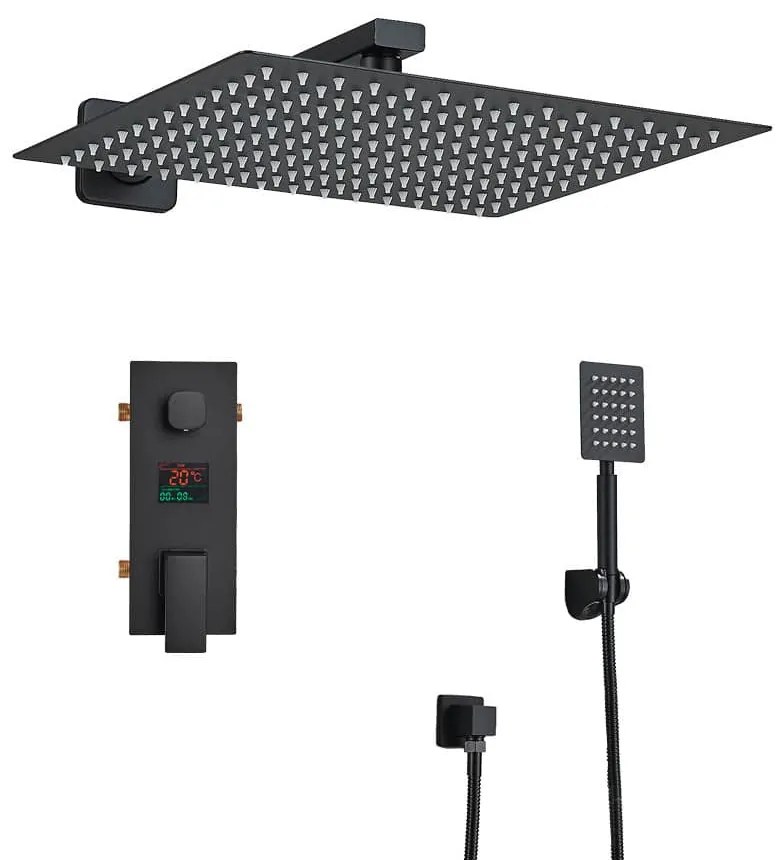 Set de dus cu para patrata 30 cm, negru mat, afisaj digital cu LED