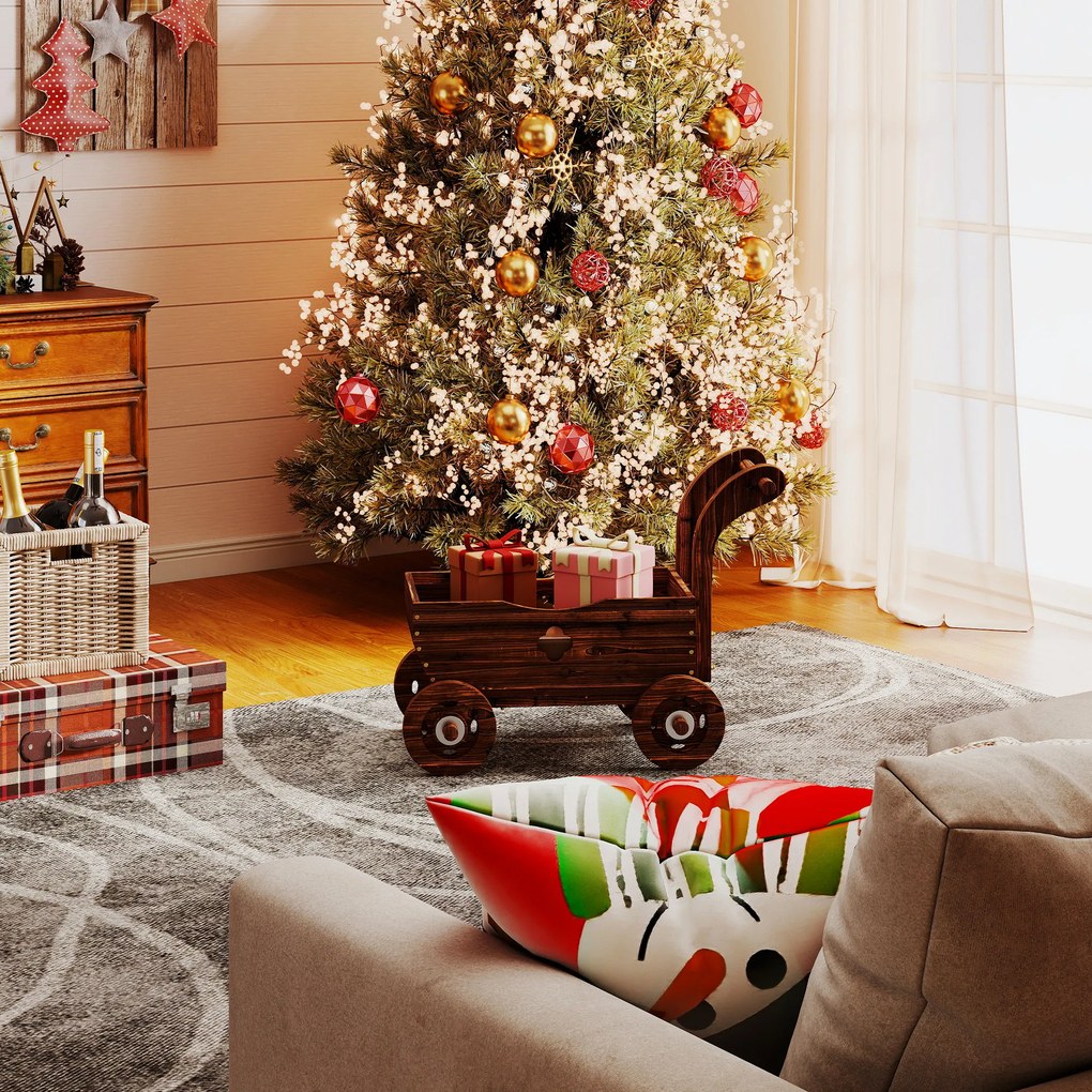 Outsunny Strat Înălțat pentru Grădină în Formă de Cărucior cu 4 Roți și Mâner, Ghiveci din Lemn de Molid cu Găuri de Drenaj, pentru Balcon, Terasă, 68x38x52 cm, Finisaj Carbonizat | Aosom Romania