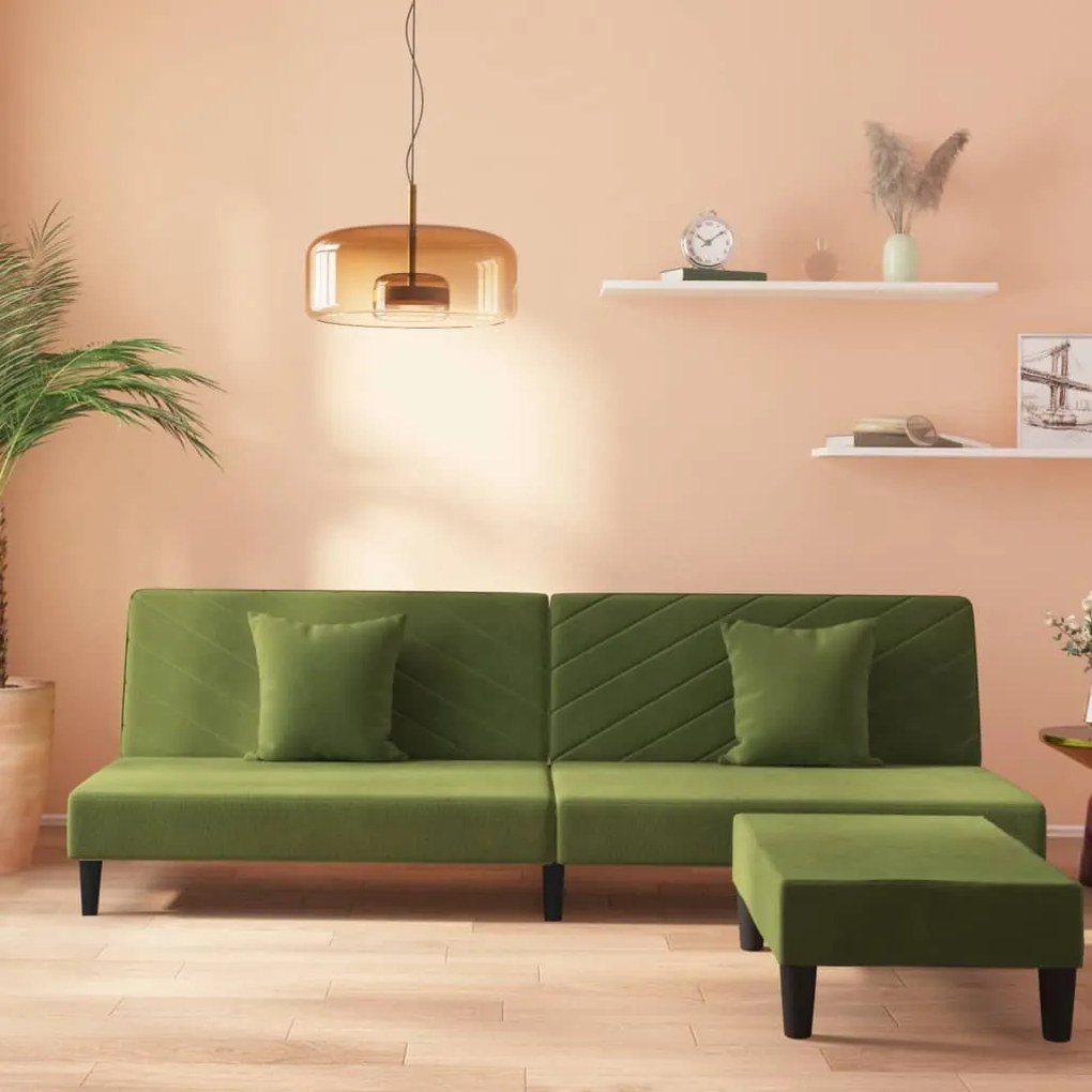 Canapea pat cu 2 perne&amp;taburet, 2 locuri verde deschis, catifea