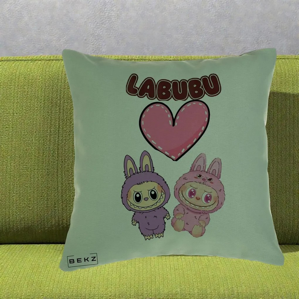 Perna Personalizata Labubu Cuplu Inima, 40x40 cm, Verde, Husa Detasabila, Perna Inclusa, BEKZ®