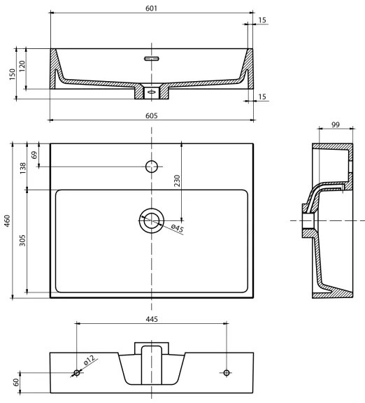 Sapho - Lavoar suspendat AQUATIC 60x46 cm ceramică/albă