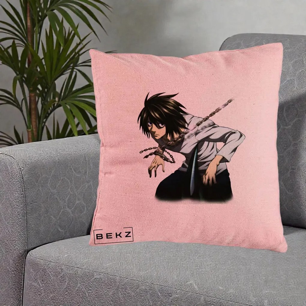 Perna Personalizata Death Note L Lawliet Lanturi, 40x40 cm, Roz, Husa Detasabila, Perna Inclusa, BEKZ®